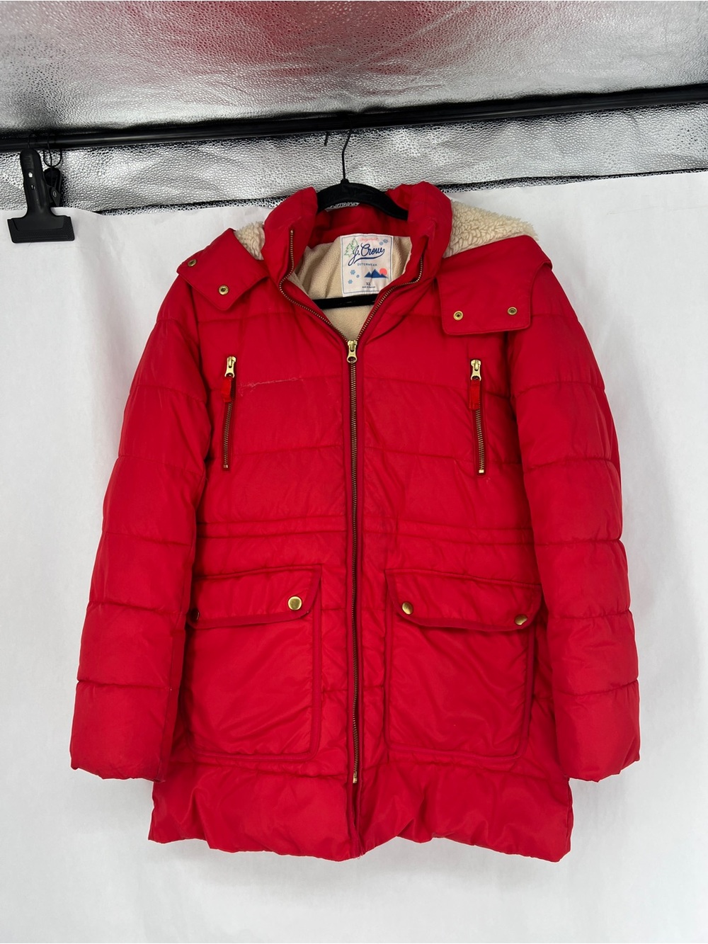 J. Crew Red Quilted Puffer Jacket with Faux Sherpa Lining